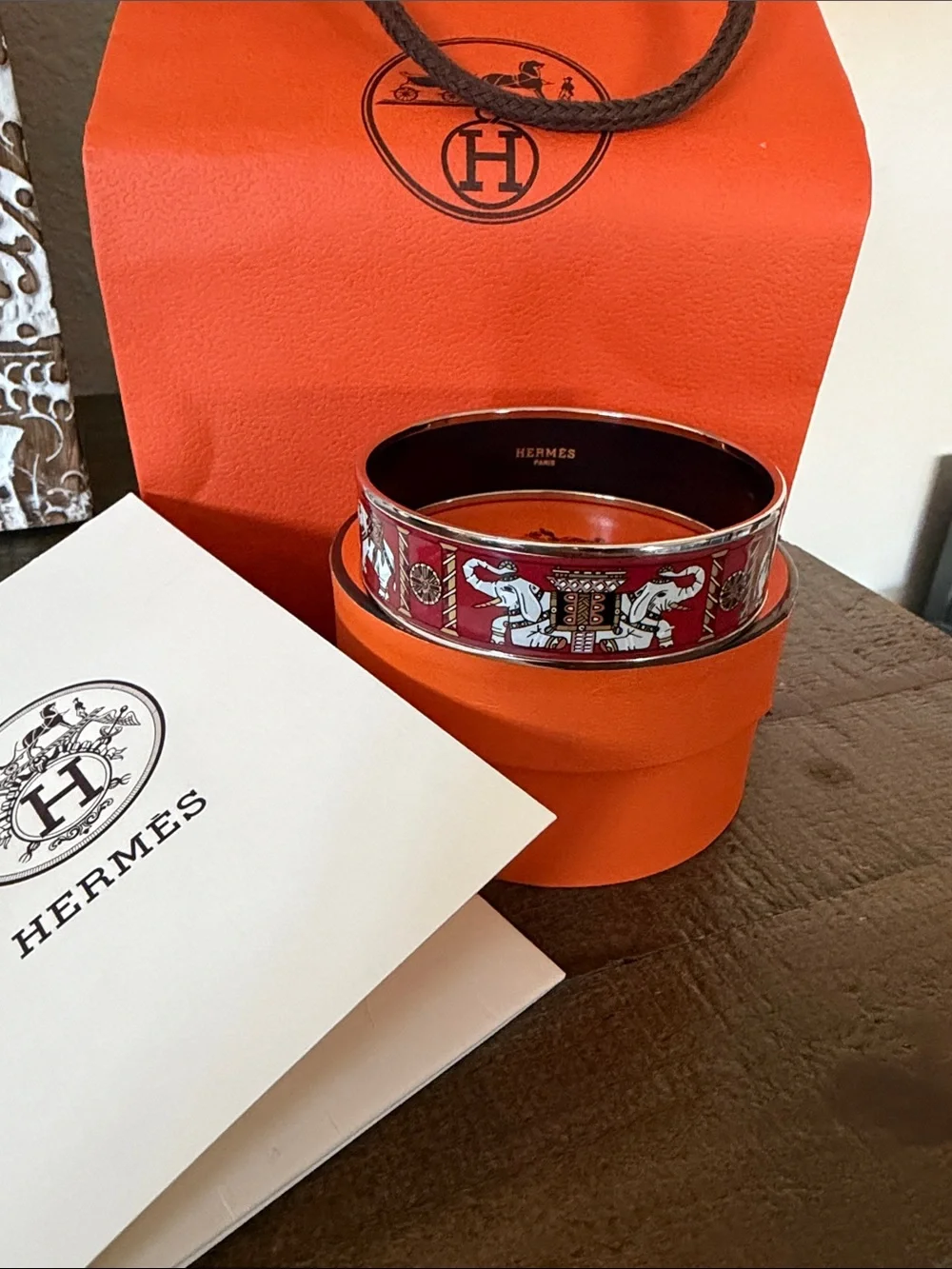 Like new Hermes Elephant Bangle in Red Enamel and Silver Hardware - Size 70cm